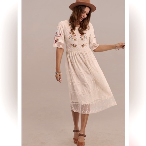 Womens Floral Embroidered Midi Ivory Dress - Picture 9 of 9
